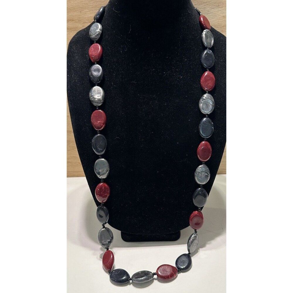 36” Long Multicolored Beaded Necklace Gray Red Black Layer